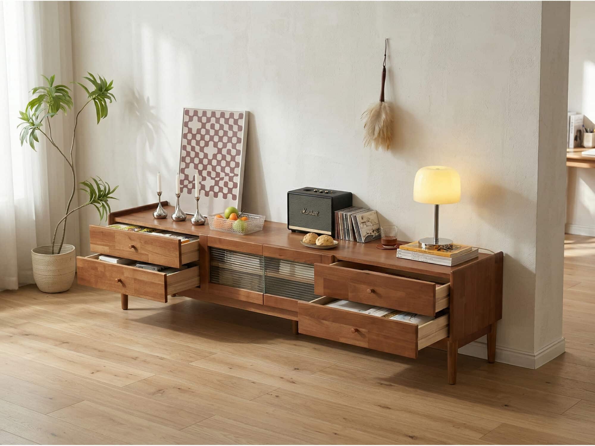 Nut-Brown Oak Medium Wood Tone TV Stand with Storage - scene - 相册图 #7 Nut-Brown Oak Medium Wood Tone TV Stand with Storage 相册图 #7 scene