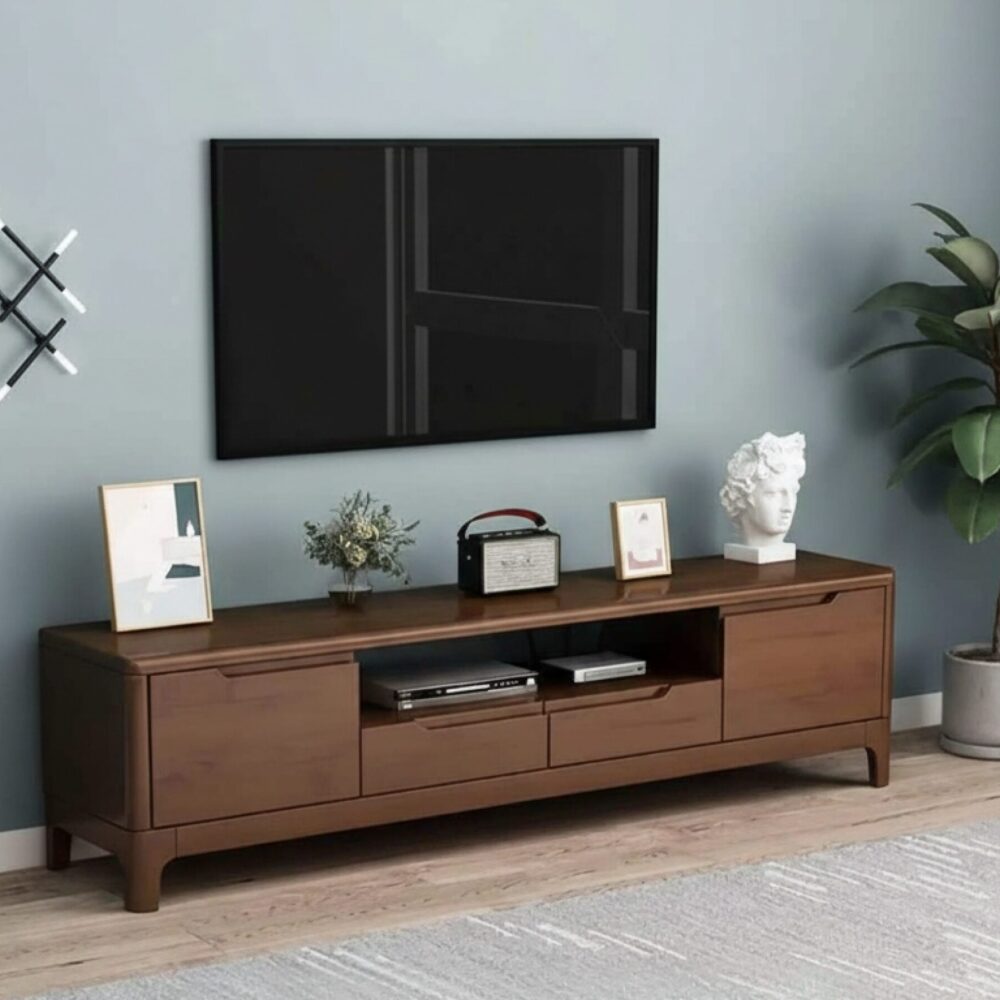 nut-brown-rubberwood-tv-stand-with-shelves-cabinet-1 Nut Brown Rubberwood Tv Stand With Shelves Cabinet 1