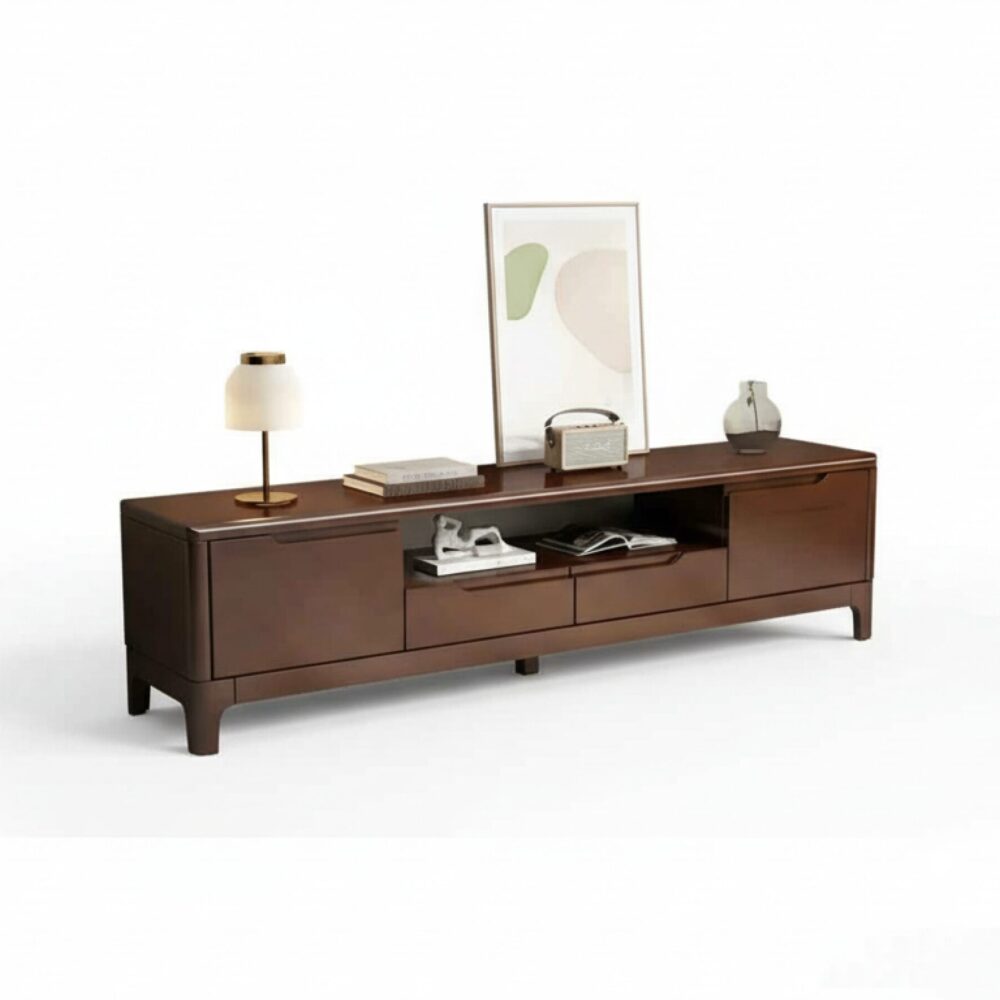 nut-brown-rubberwood-tv-stand-with-shelves-cabinet-13 Nut Brown Rubberwood Tv Stand With Shelves Cabinet 13