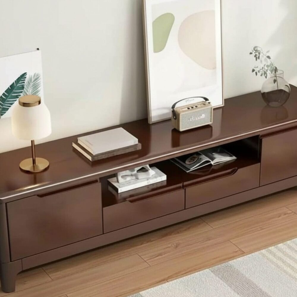 nut-brown-rubberwood-tv-stand-with-shelves-cabinet-4 Nut Brown Rubberwood Tv Stand With Shelves Cabinet 4