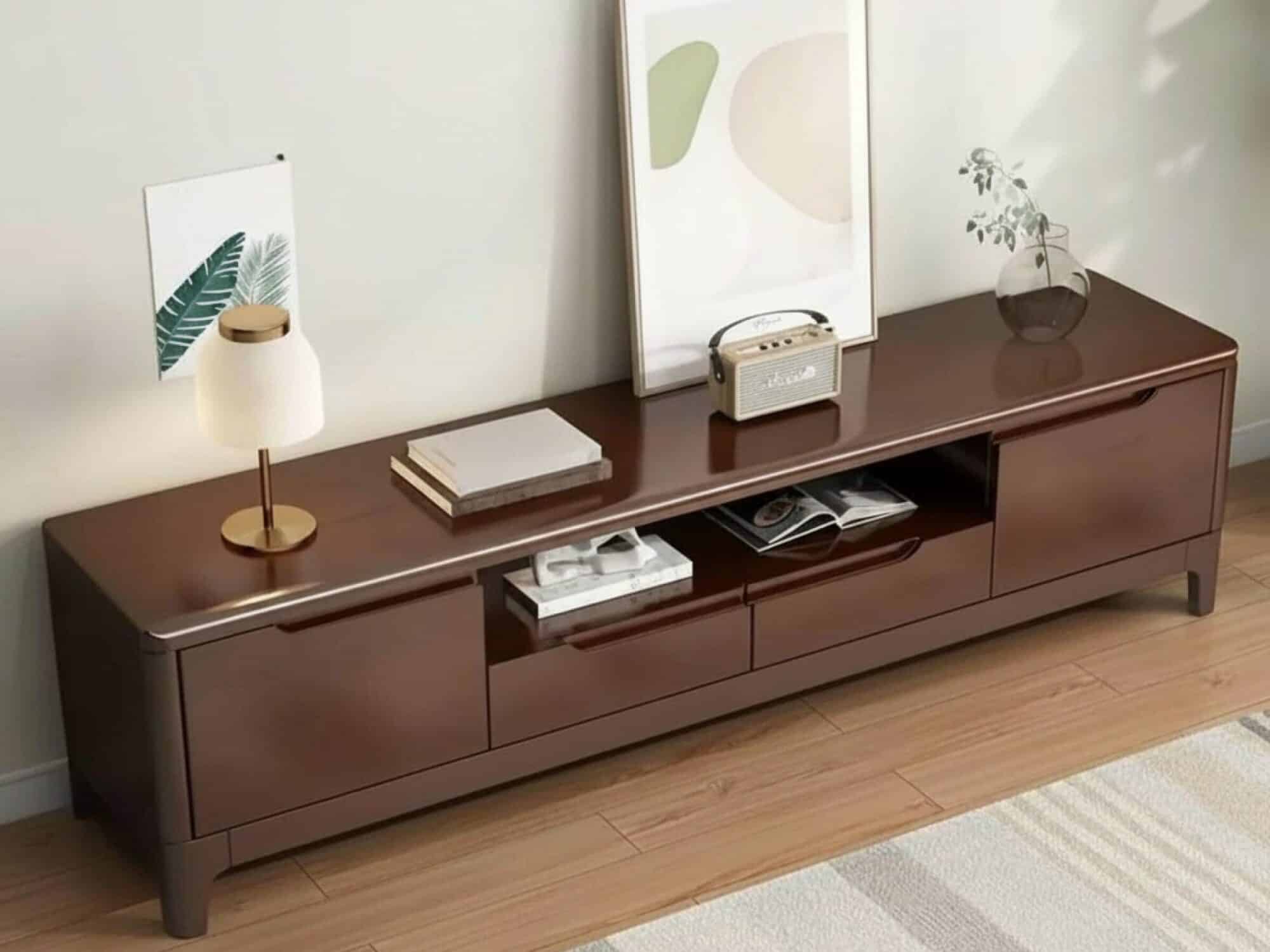 nut-brown-rubberwood-tv-stand-with-shelves-cabinet-4 Nut Brown Rubberwood Tv Stand With Shelves Cabinet 4