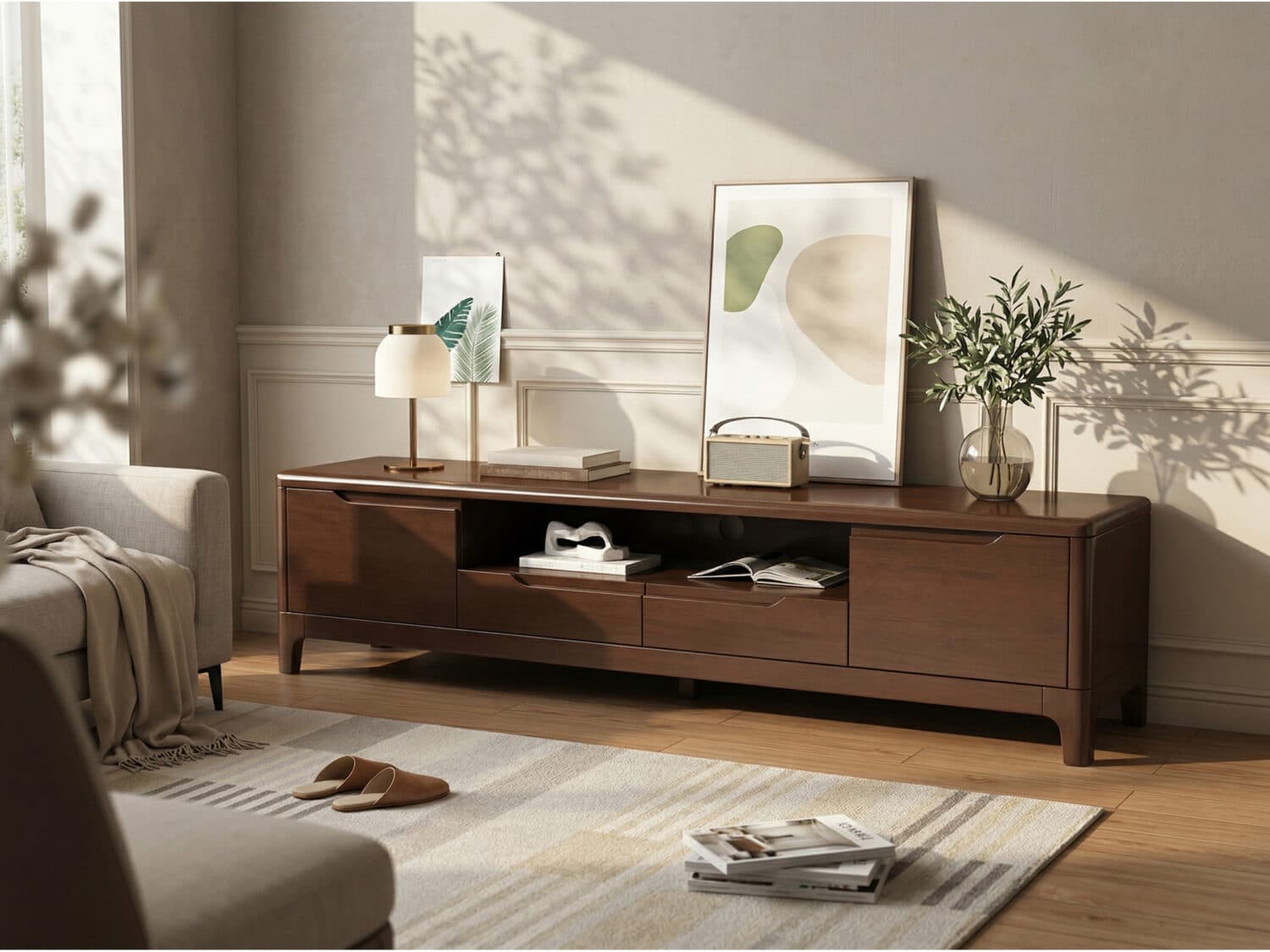 Nut-Brown Rubberwood TV Stand with Shelves Cabinet 相册图 #3 scene