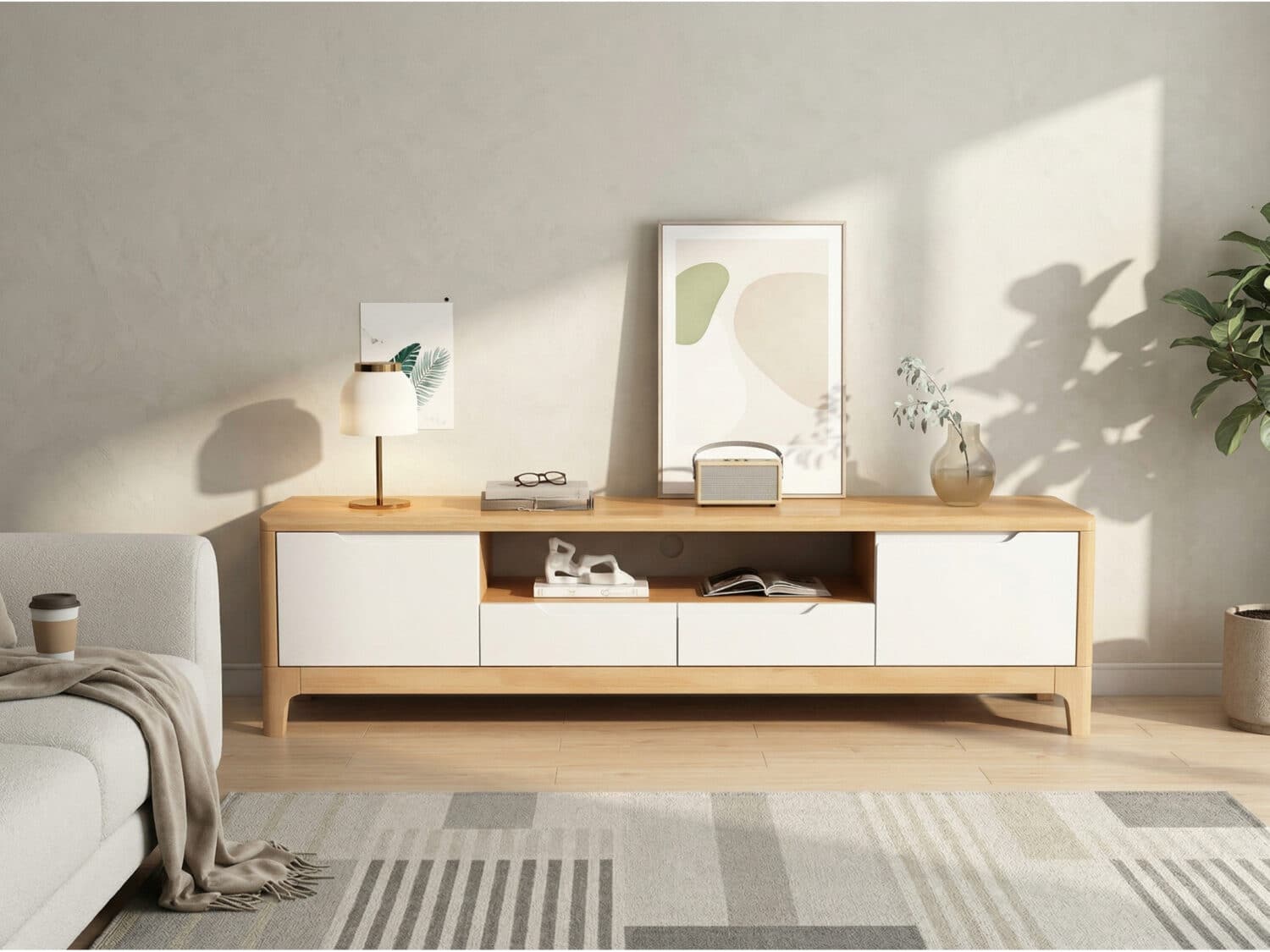 Nut-Brown Rubberwood TV Stand with Shelves Cabinet 相册图 #6 scene