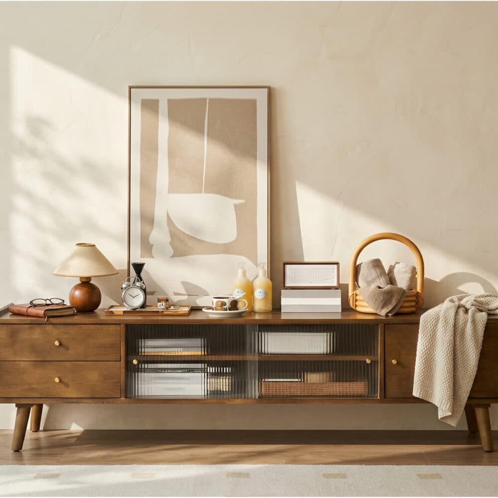 Nut-Brown Wood Drawers Open Storage TV Stand with Legs - scene - 商品主图 Nut-Brown Wood Drawers Open Storage TV Stand with Legs 商品主图 scene