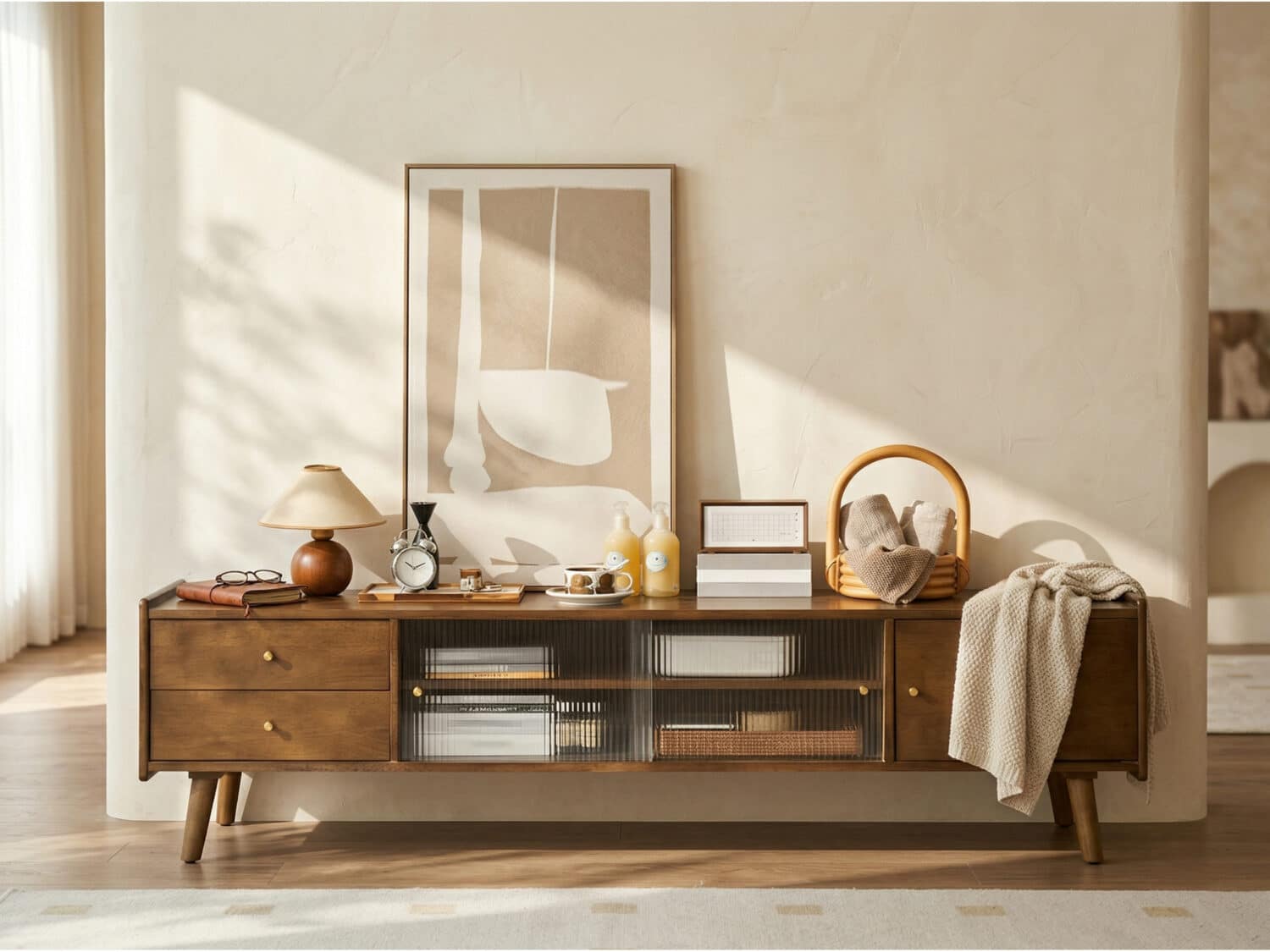 Nut-Brown Wood Drawers Open Storage TV Stand with Legs - scene - 商品主图 Nut-Brown Wood Drawers Open Storage TV Stand with Legs 商品主图 scene