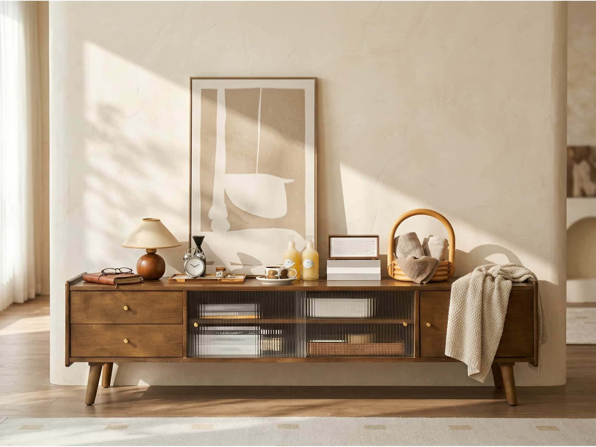 Nut-Brown Wood Drawers Open Storage TV Stand with Legs - scene - 商品主图 Nut-Brown Wood Drawers Open Storage TV Stand with Legs 商品主图 scene