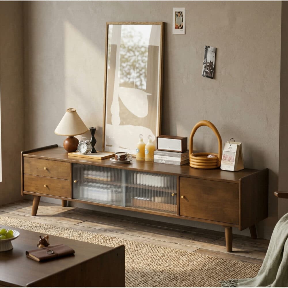 Nut-Brown Wood Drawers Open Storage TV Stand with Legs - scene - 相册图 #1 Nut-Brown Wood Drawers Open Storage TV Stand with Legs 相册图 #1 scene