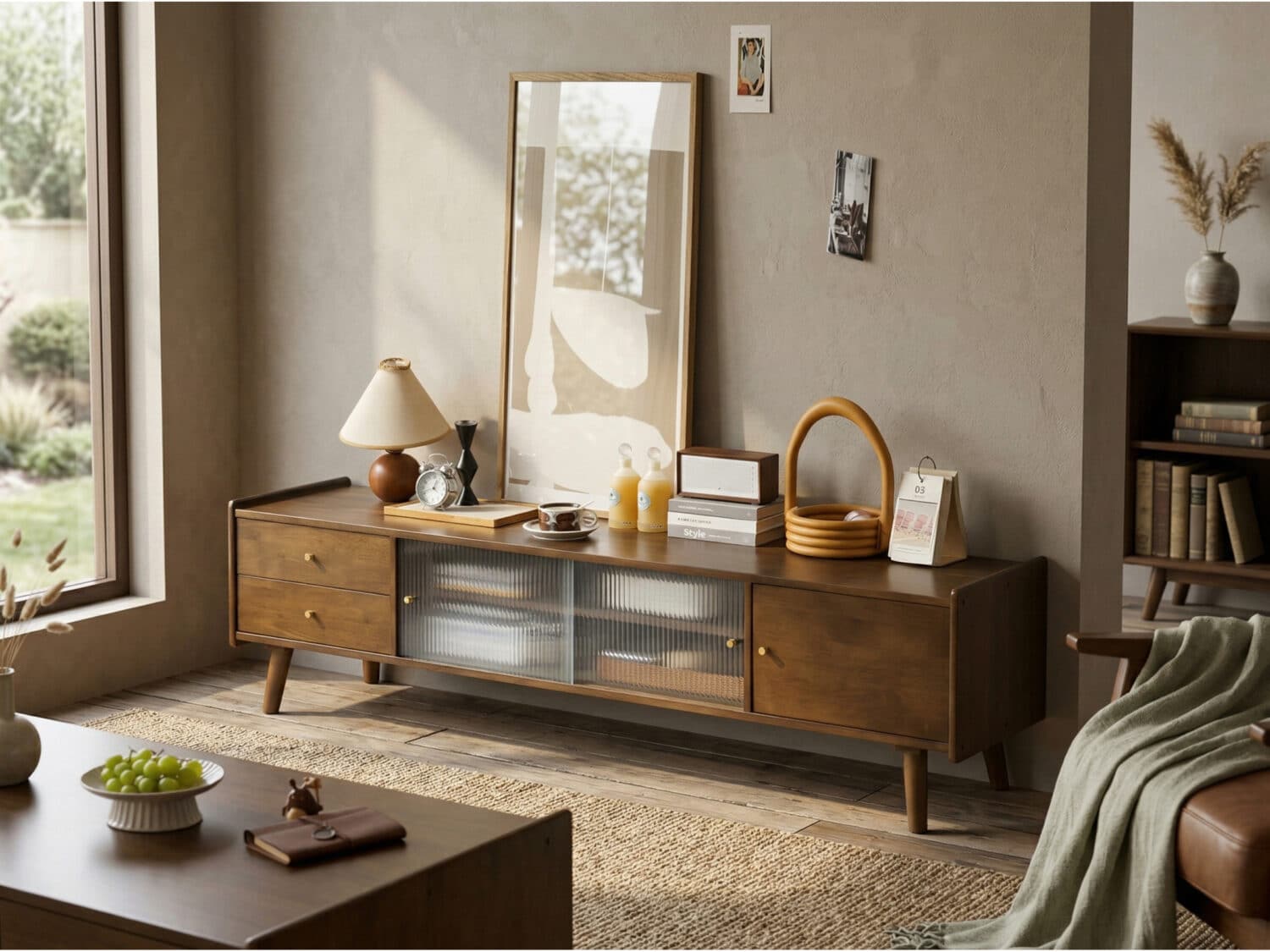 Nut-Brown Wood Drawers Open Storage TV Stand with Legs 相册图 #1 scene