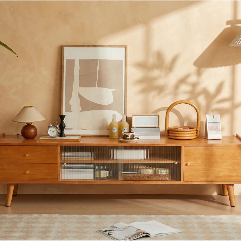 Nut-Brown Wood Drawers Open Storage TV Stand with Legs - scene - 相册图 #2 Nut-Brown Wood Drawers Open Storage TV Stand with Legs 相册图 #2 scene