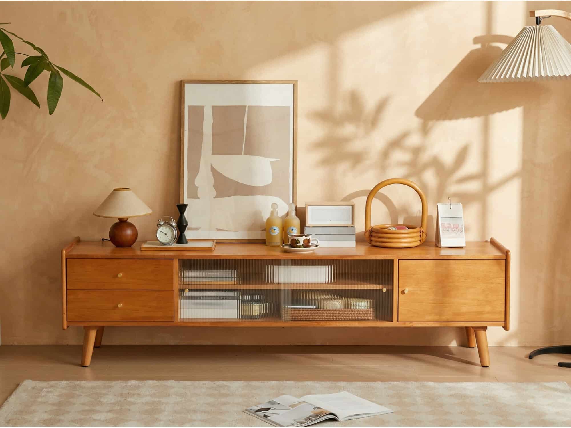 Nut-Brown Wood Drawers Open Storage TV Stand with Legs - scene - 相册图 #2 Nut-Brown Wood Drawers Open Storage TV Stand with Legs 相册图 #2 scene