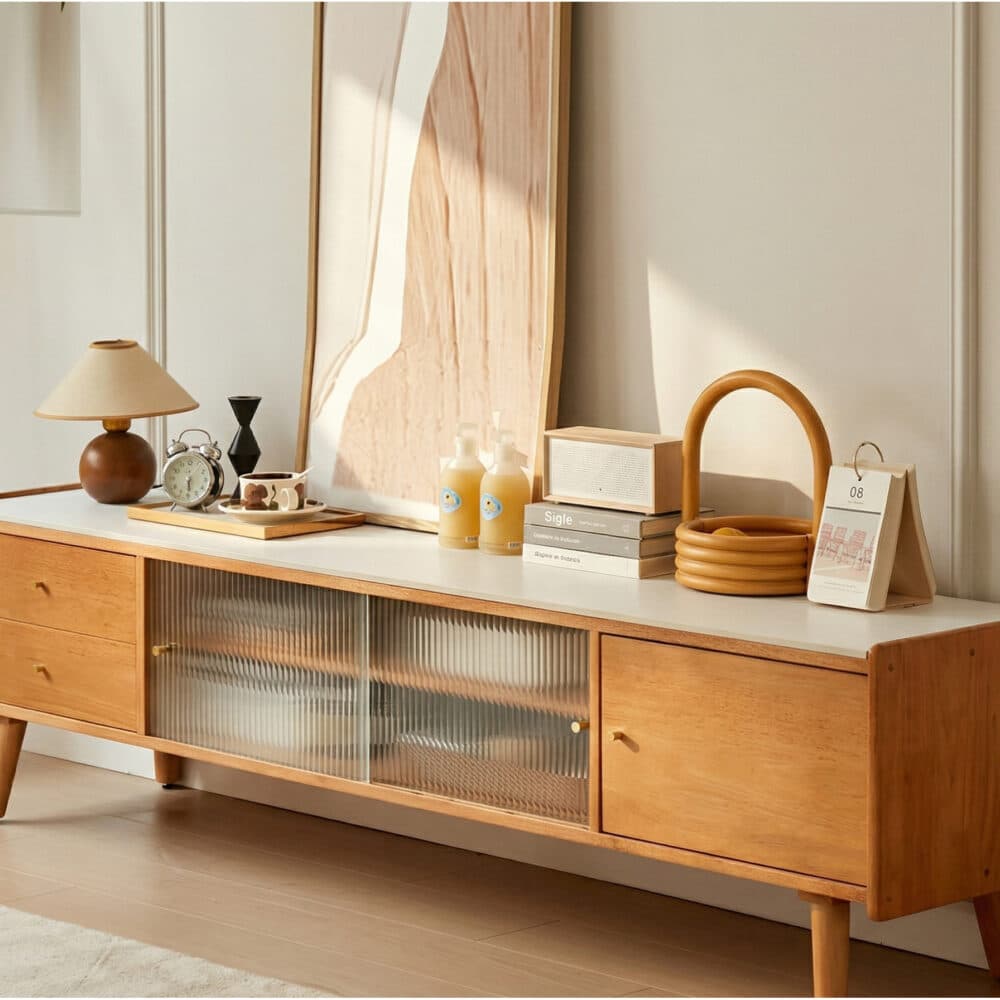 Nut-Brown Wood Drawers Open Storage TV Stand with Legs - scene - 相册图 #3 Nut-Brown Wood Drawers Open Storage TV Stand with Legs 相册图 #3 scene