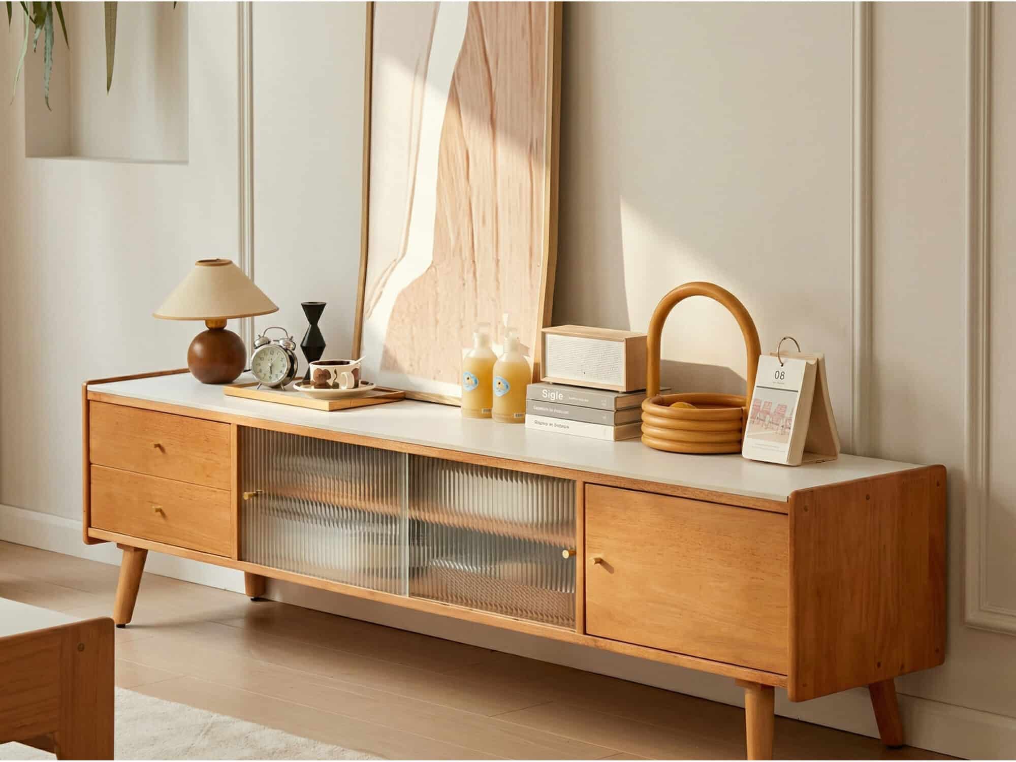 Nut-Brown Wood Drawers Open Storage TV Stand with Legs - scene - 相册图 #3 Nut-Brown Wood Drawers Open Storage TV Stand with Legs 相册图 #3 scene