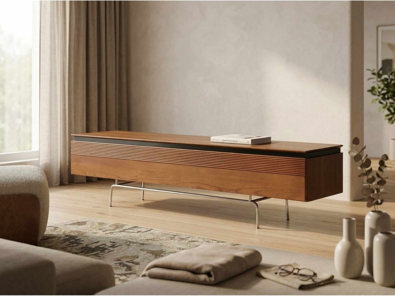 Retro Rectangular Cherry Wood Living Room TV Stand Brown - scene - 商品主图 Retro Rectangular Cherry Wood Living Room TV Stand Brown 商品主图 scene