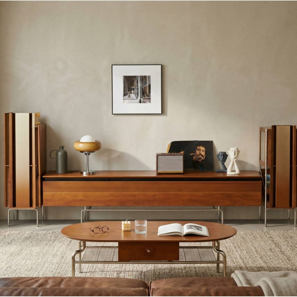 Retro Rectangular Cherry Wood Living Room TV Stand Brown - scene - 相册图 #1 Retro Rectangular Cherry Wood Living Room TV Stand Brown 相册图 #1 scene