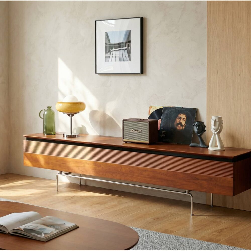 Retro Rectangular Cherry Wood Living Room TV Stand Brown - scene - 相册图 #3 Retro Rectangular Cherry Wood Living Room TV Stand Brown 相册图 #3 scene
