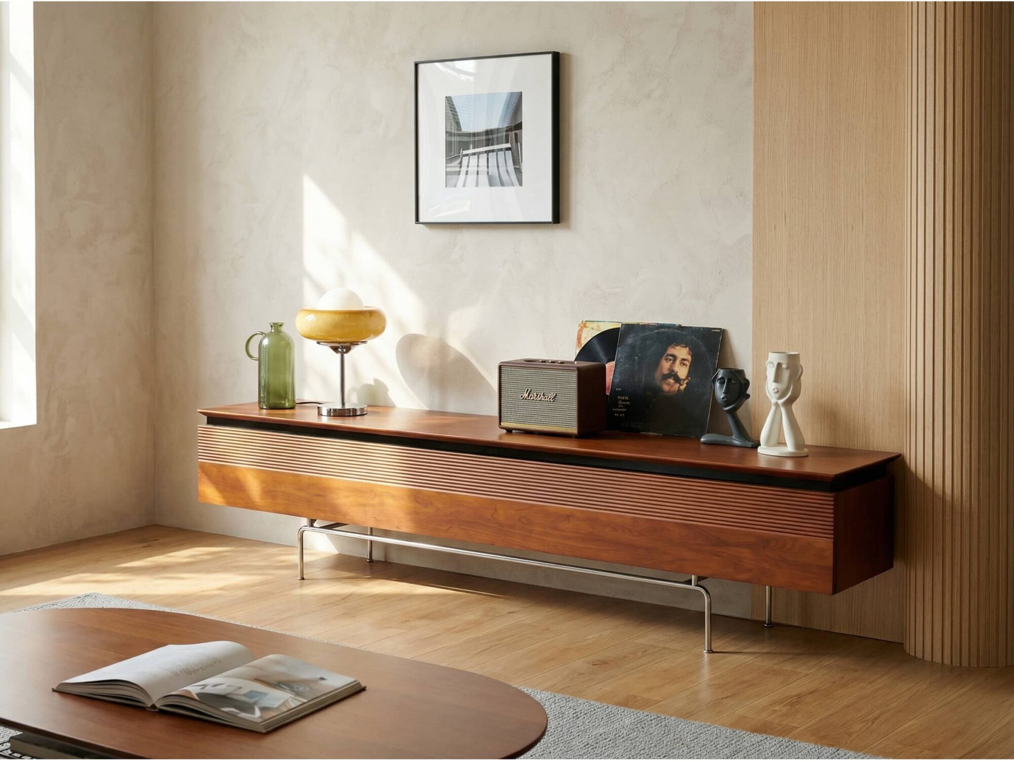 Retro Rectangular Cherry Wood Living Room TV Stand Brown - scene - 相册图 #3 Retro Rectangular Cherry Wood Living Room TV Stand Brown 相册图 #3 scene