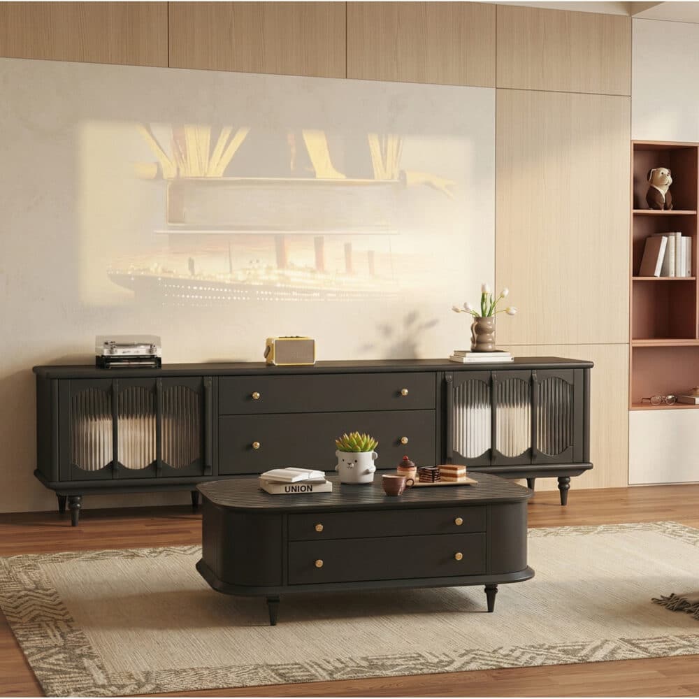 Rustic Black Wood Drawers Cabinet Long TV Stand - scene - 商品主图 Rustic Black Wood Drawers Cabinet Long TV Stand 商品主图 scene