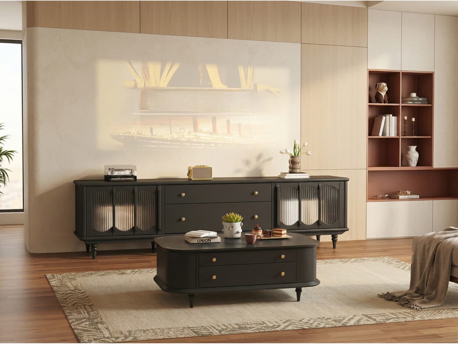 Rustic Black Wood Drawers Cabinet Long TV Stand - scene - 商品主图 Rustic Black Wood Drawers Cabinet Long TV Stand 商品主图 scene