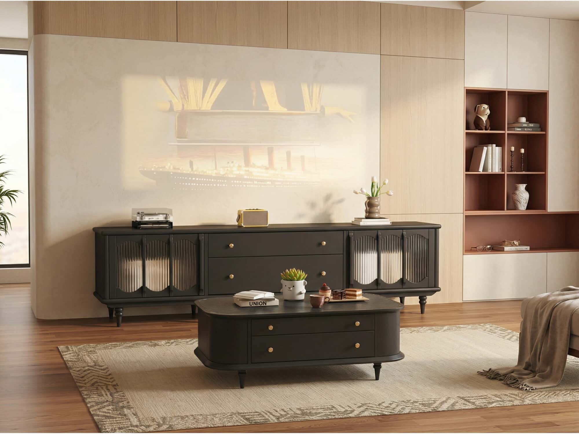 Rustic Black Wood Drawers Cabinet Long TV Stand - scene - 商品主图 Rustic Black Wood Drawers Cabinet Long TV Stand 商品主图 scene