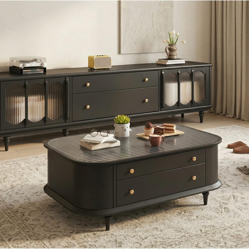 Rustic Black Wood Drawers Cabinet Long TV Stand - scene - 相册图 #4 Rustic Black Wood Drawers Cabinet Long TV Stand 相册图 #4 scene