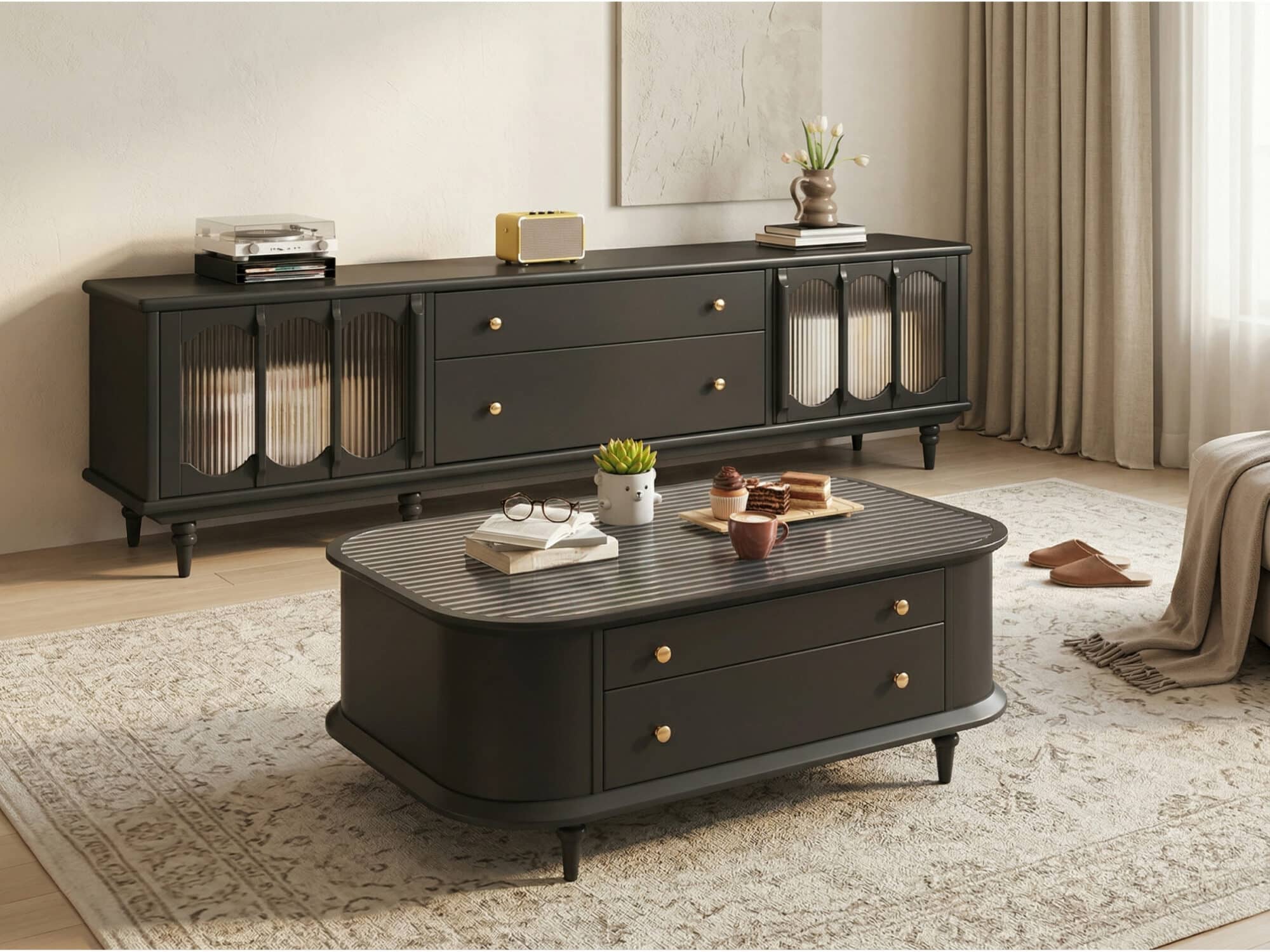 Rustic Black Wood Drawers Cabinet Long TV Stand - scene - 相册图 #4 Rustic Black Wood Drawers Cabinet Long TV Stand 相册图 #4 scene