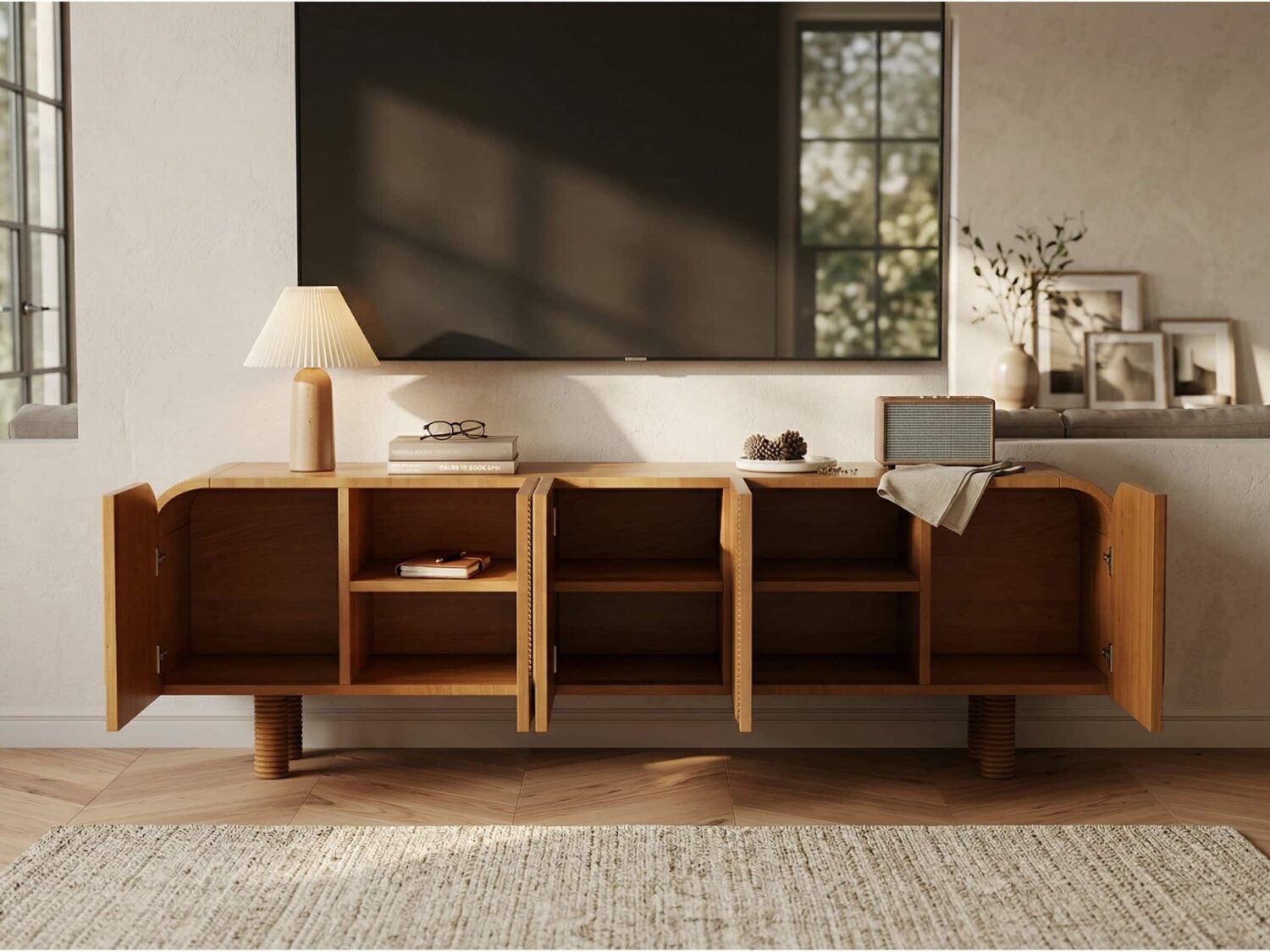 Rustic Brown Wooden Long Curved Tv Stand With Cabinet 4 8c16dfd4 32c2 4a6d B328 6a3d942814a1 1