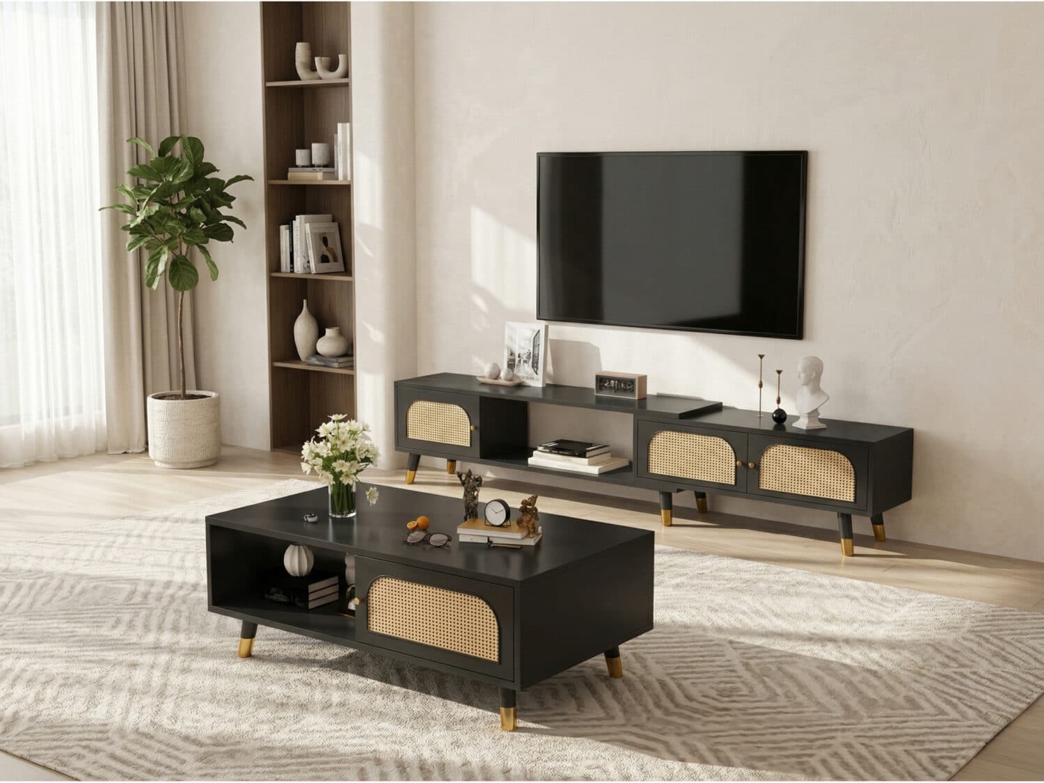 Scandinavian Black Rectangle Shelves Cabinet TV Stand - scene - 商品主图 Scandinavian Black Rectangle Shelves Cabinet TV Stand 商品主图 scene