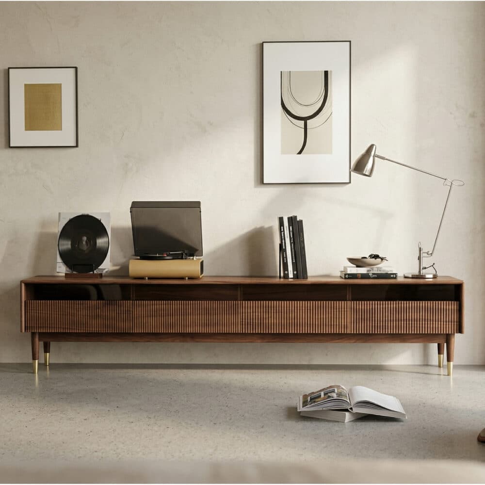 Scandinavian Brown Walnut Long TV Stand with Drawers - scene - 商品主图 Scandinavian Brown Walnut Long TV Stand with Drawers 商品主图 scene