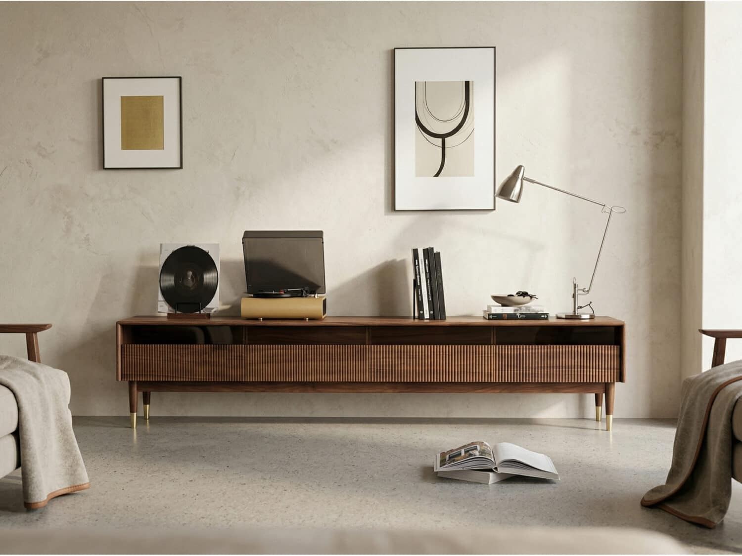 Scandinavian Brown Walnut Long TV Stand with Drawers 商品主图 scene