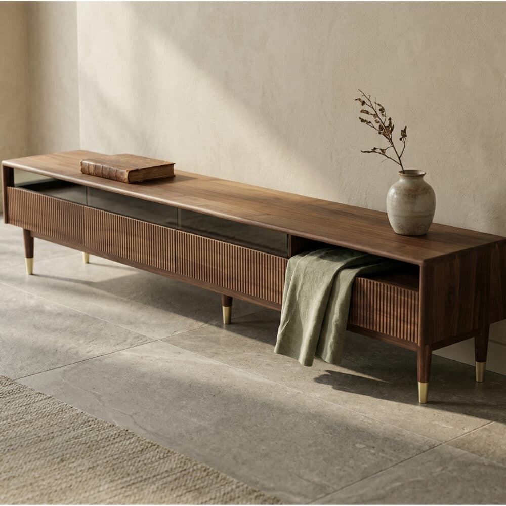 Scandinavian Brown Walnut Long TV Stand with Drawers - scene - 相册图 #4 Scandinavian Brown Walnut Long TV Stand with Drawers 相册图 #4 scene