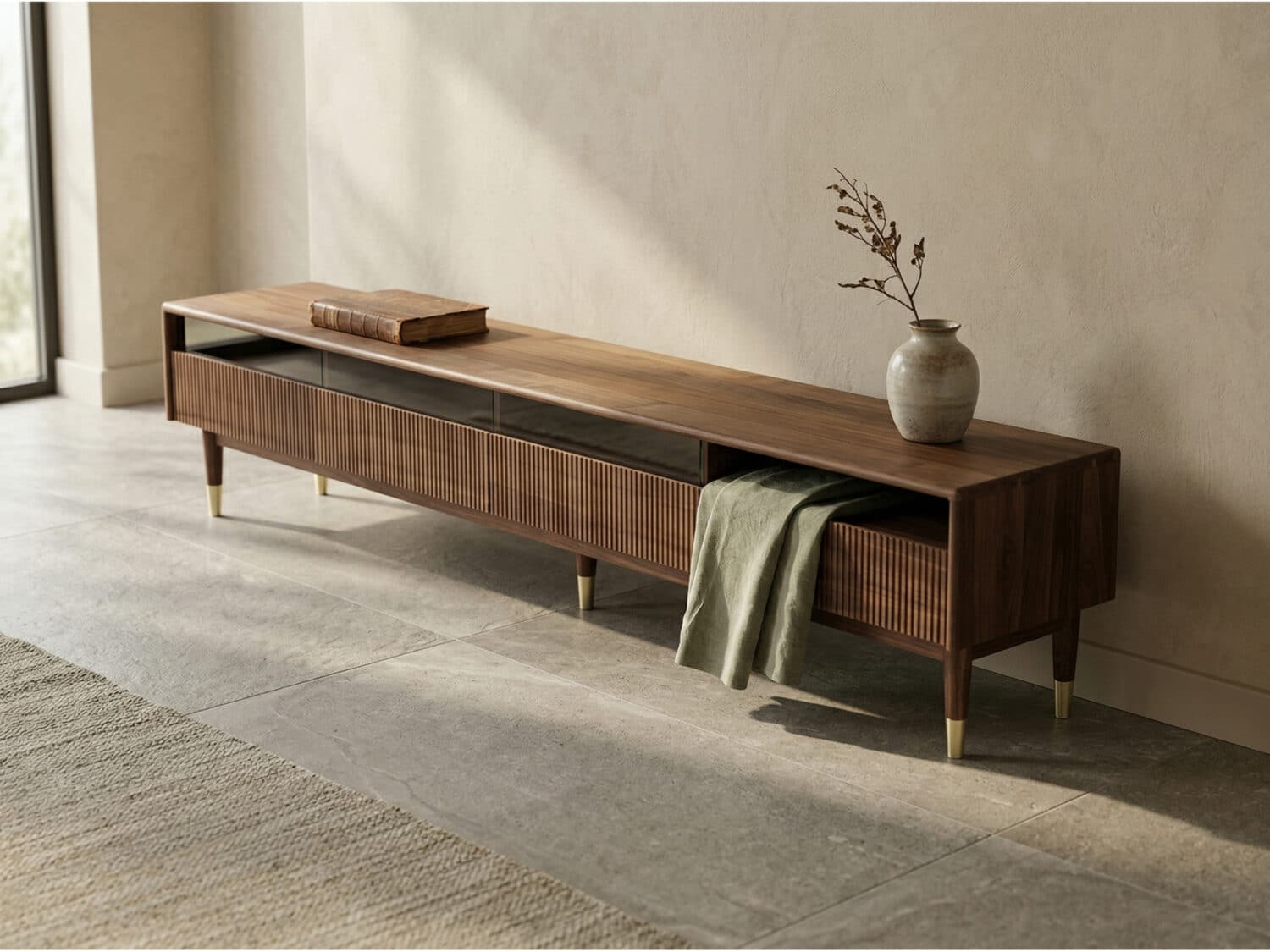 Scandinavian Brown Walnut Long TV Stand with Drawers 相册图 #4 scene