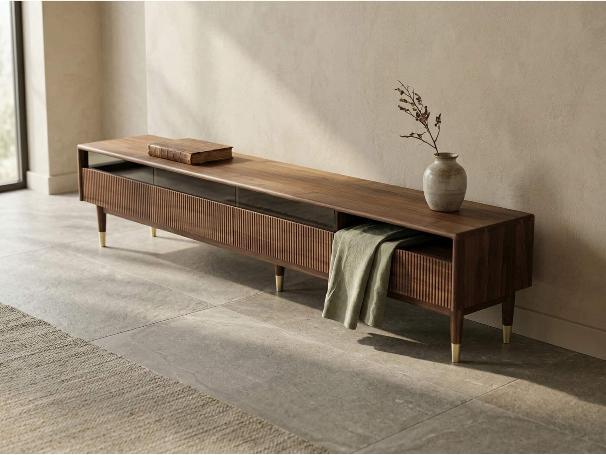 Scandinavian Brown Walnut Long TV Stand with Drawers - scene - 相册图 #4 Scandinavian Brown Walnut Long TV Stand with Drawers 相册图 #4 scene