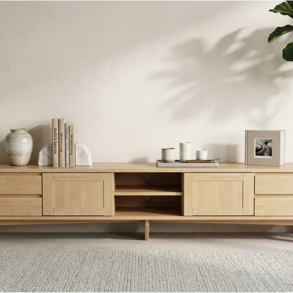 Simplistic Wood Color Open Storage Long TV Stand - scene - 相册图 #1 Simplistic Wood Color Open Storage Long TV Stand 相册图 #1 scene