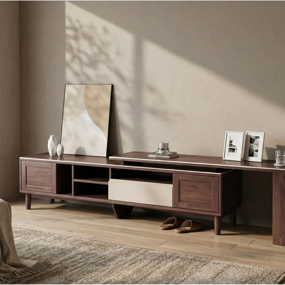 Simplistic Wood Color Open Storage Long TV Stand - scene - 相册图 #2 2 Simplistic Wood Color Open Storage Long TV Stand 相册图 #2 scene