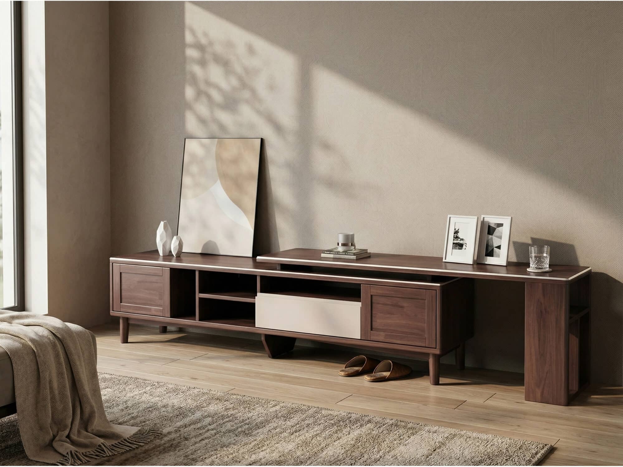Simplistic Wood Color Open Storage Long TV Stand - scene - 相册图 #2 2 Simplistic Wood Color Open Storage Long TV Stand 相册图 #2 scene