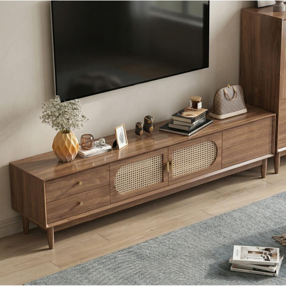 Traditional Brown Rubberwood Ventilated TV Stand - scene - 商品主图 Traditional Brown Rubberwood Ventilated TV Stand 商品主图 scene