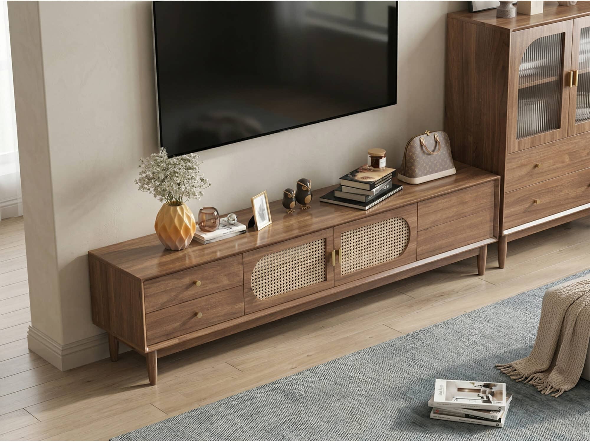 Traditional Brown Rubberwood Ventilated TV Stand - scene - 商品主图 Traditional Brown Rubberwood Ventilated TV Stand 商品主图 scene