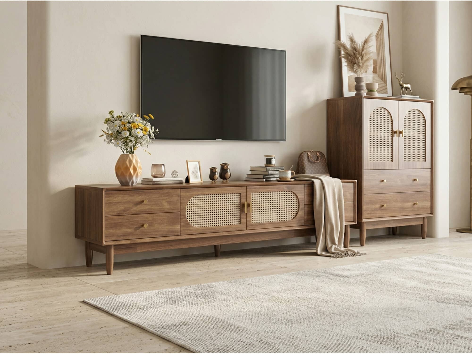 Traditional Brown Rubberwood Ventilated TV Stand - scene - 相册图 #2 Traditional Brown Rubberwood Ventilated TV Stand 相册图 #2 scene