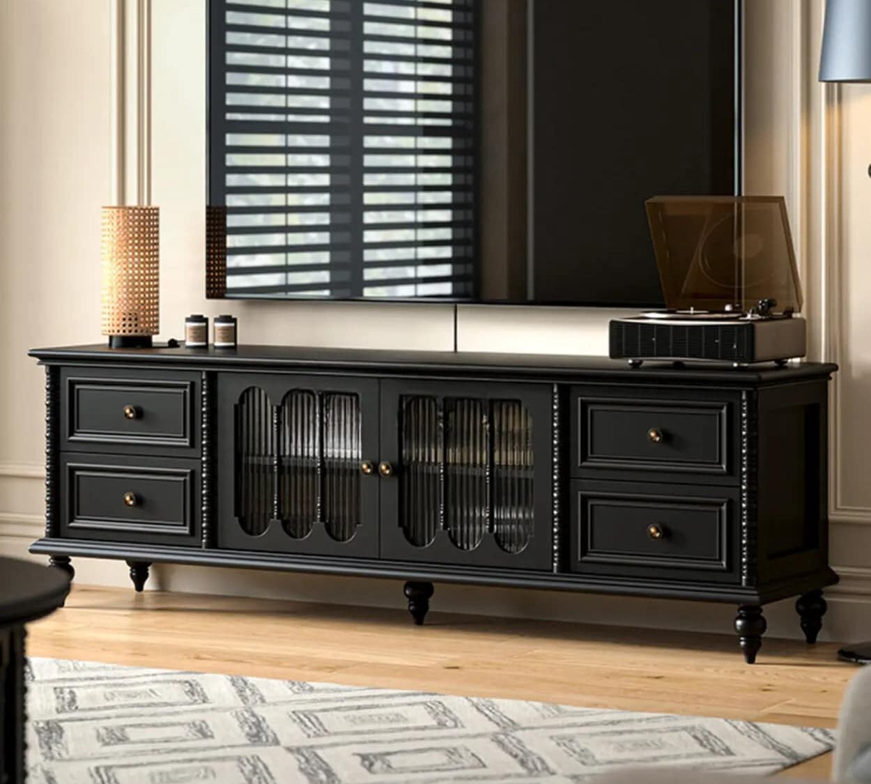 vintage-rectangle-elegant-black-tv-stand-with-cabinet-1 Vintage Rectangle Elegant Black Tv Stand With Cabinet 1