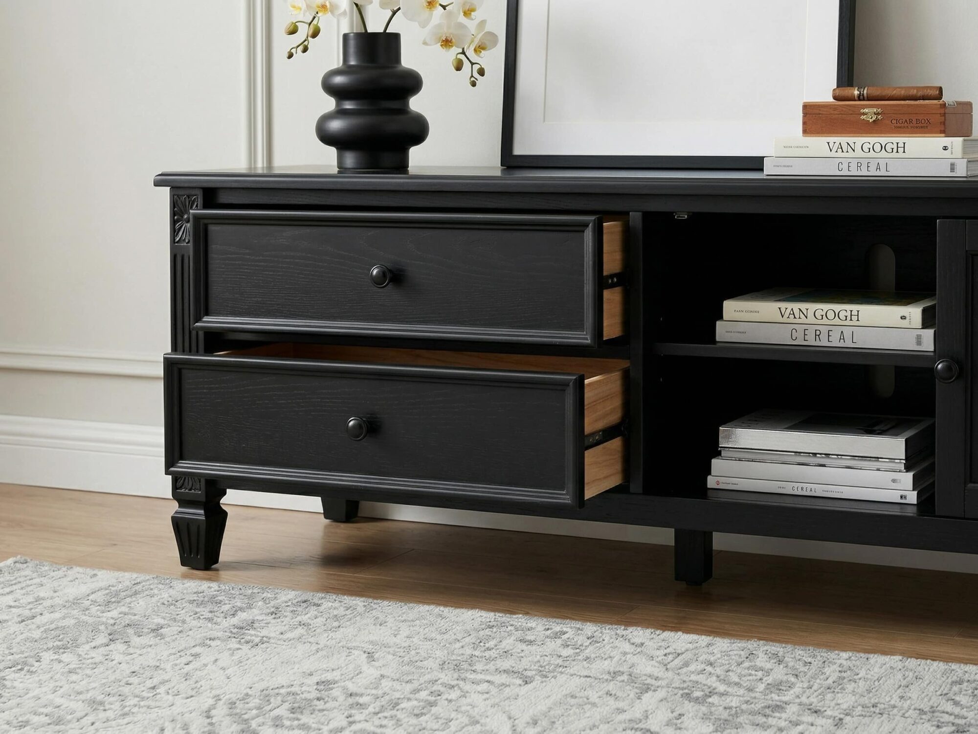 vintage-rectangle-elegant-black-tv-stand-with-cabinet-10 Vintage Rectangle Elegant Black Tv Stand With Cabinet 10