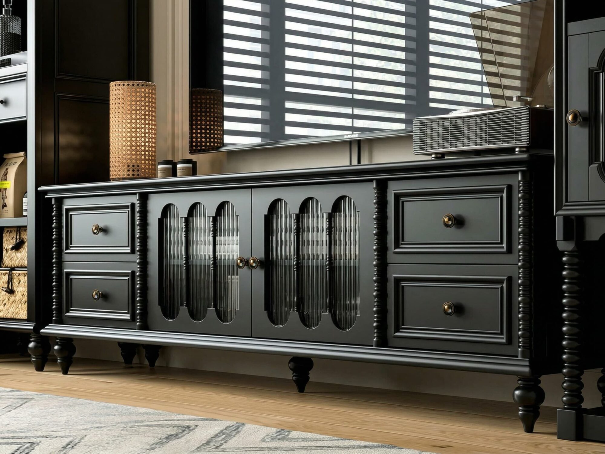 vintage-rectangle-elegant-black-tv-stand-with-cabinet-4 Vintage Rectangle Elegant Black Tv Stand With Cabinet 4