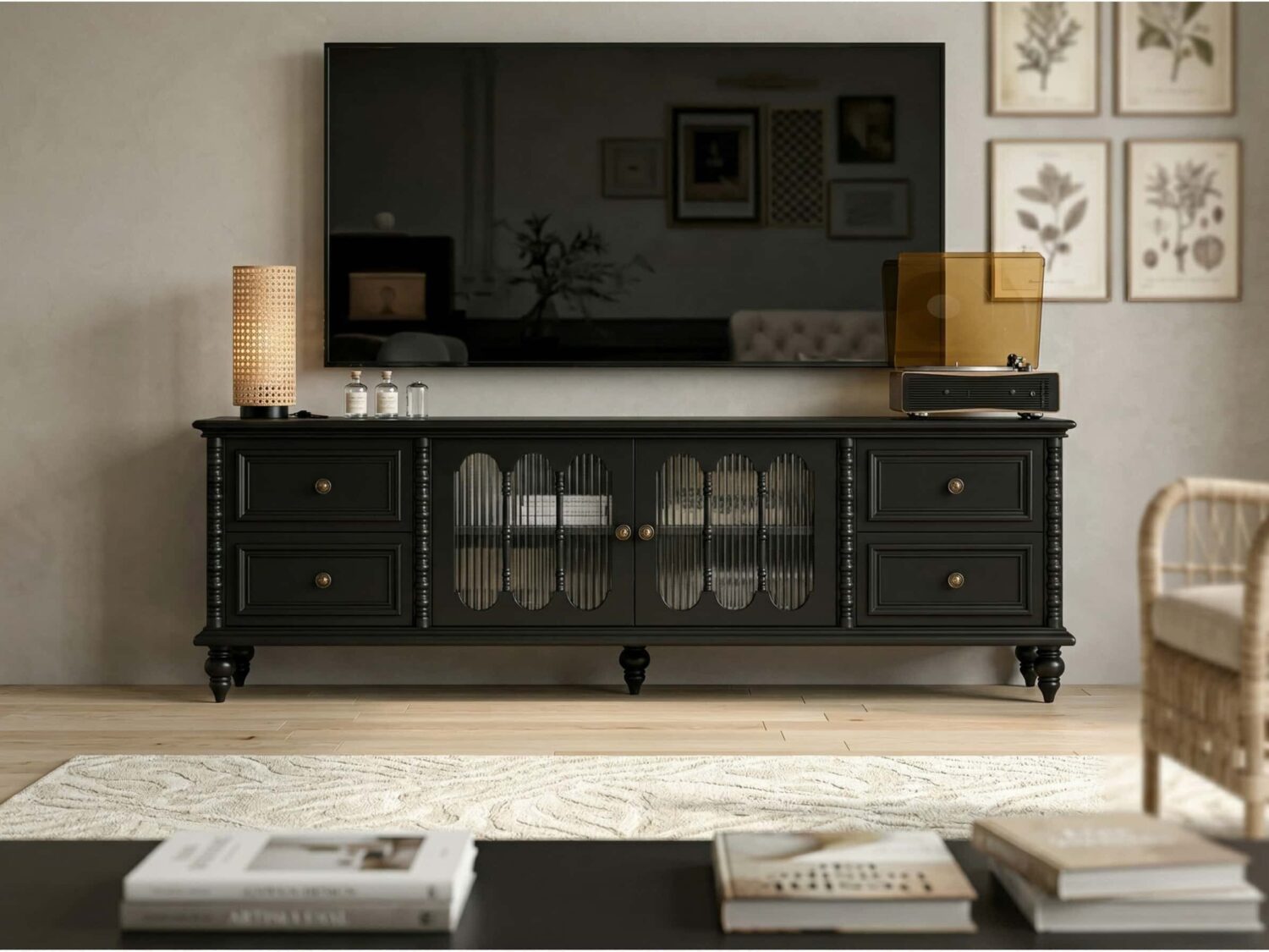 Vintage Rectangle Elegant Black Tv Stand With Cabinet 6