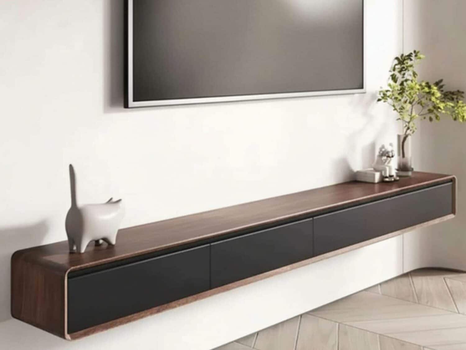 Walnut Black Wooden Drawers Floating Mount Tv Stand 1