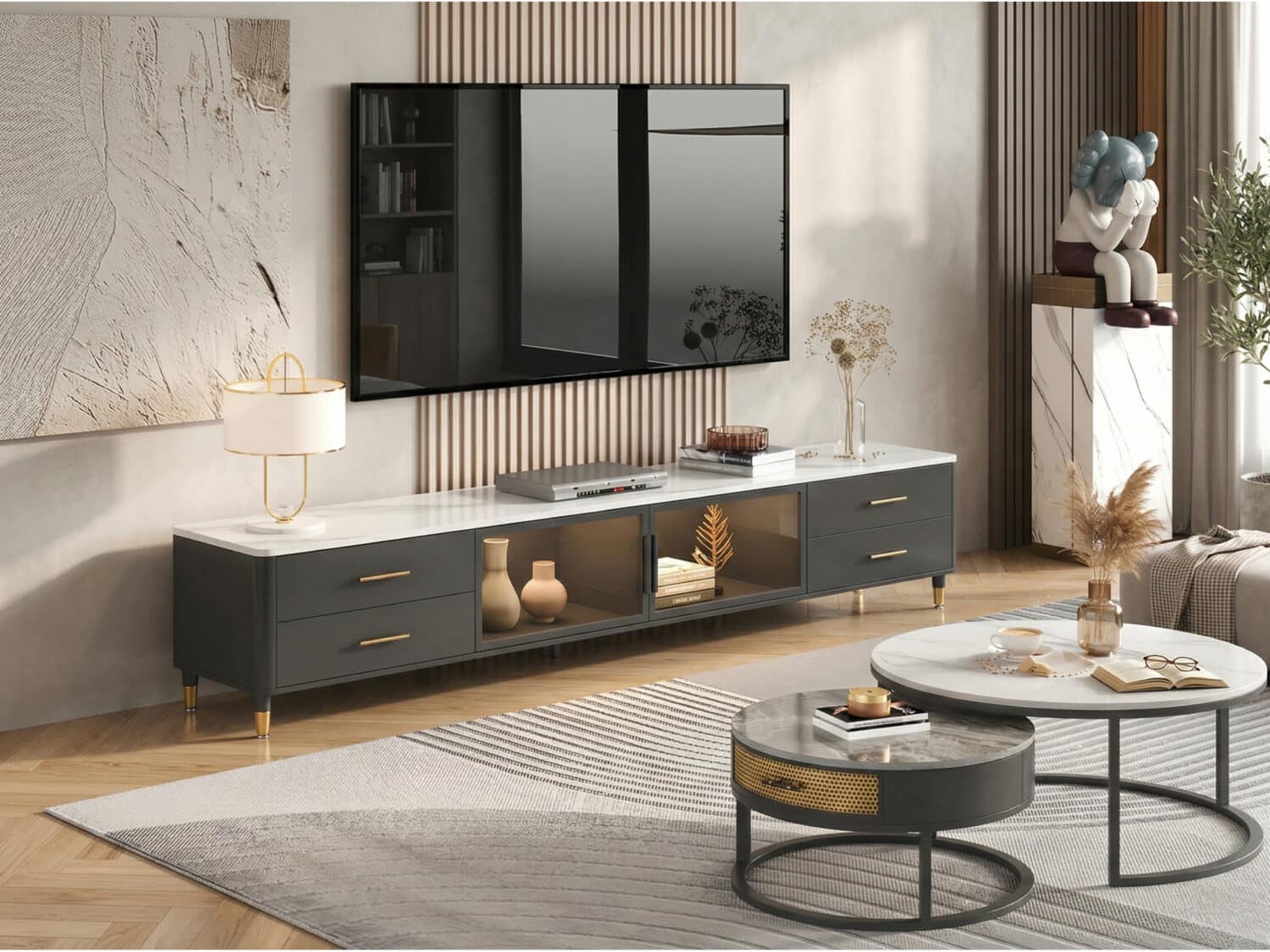 White-Black Stone Cabinet TV Stand with Lighting 商品主图 scene