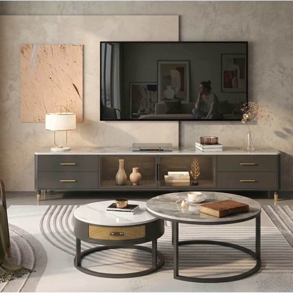 White-Black Stone Cabinet TV Stand with Lighting - scene - 相册图 #1 White-Black Stone Cabinet TV Stand with Lighting 相册图 #1 scene