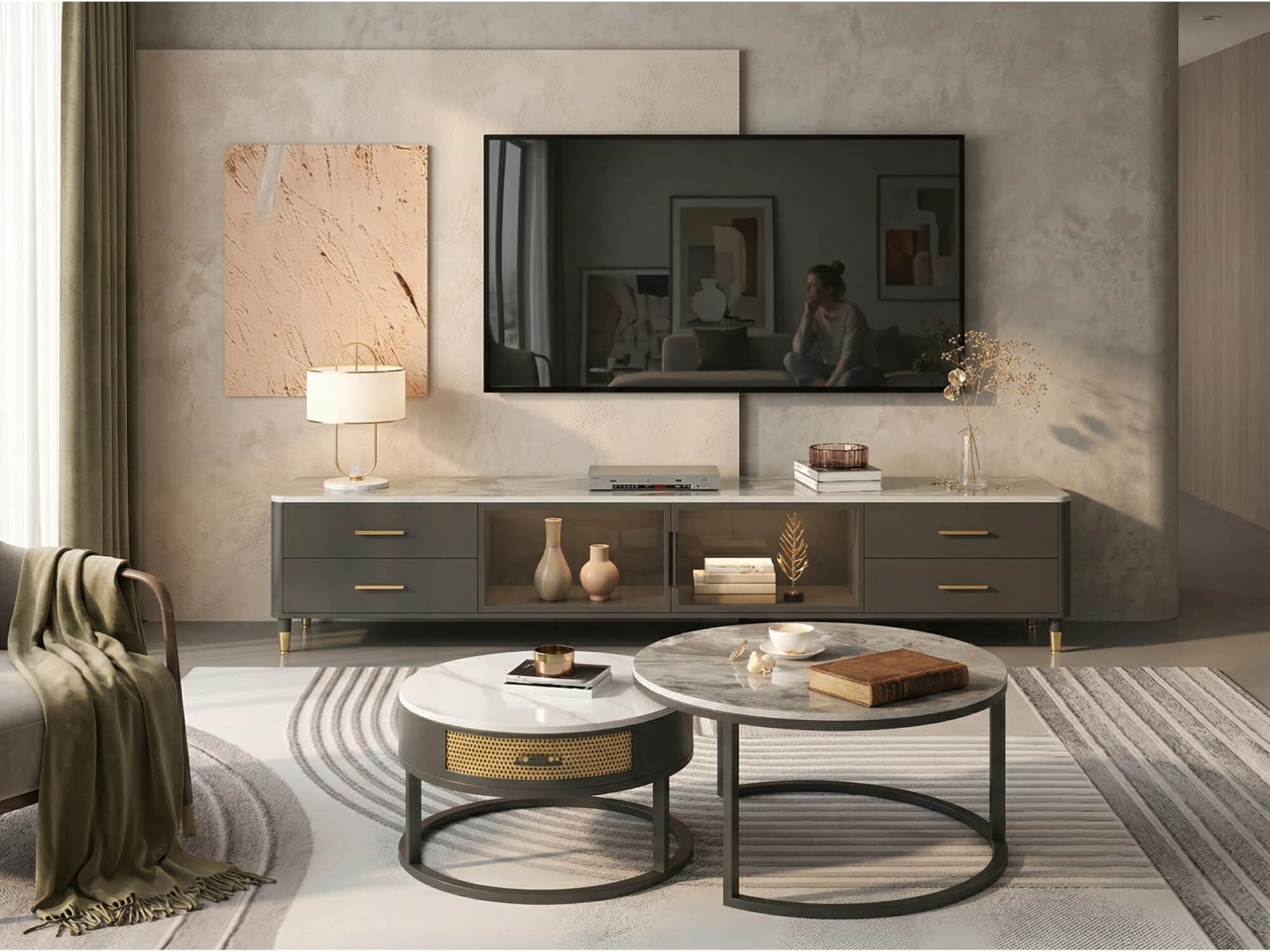 White-Black Stone Cabinet TV Stand with Lighting - scene - 相册图 #1 White-Black Stone Cabinet TV Stand with Lighting 相册图 #1 scene