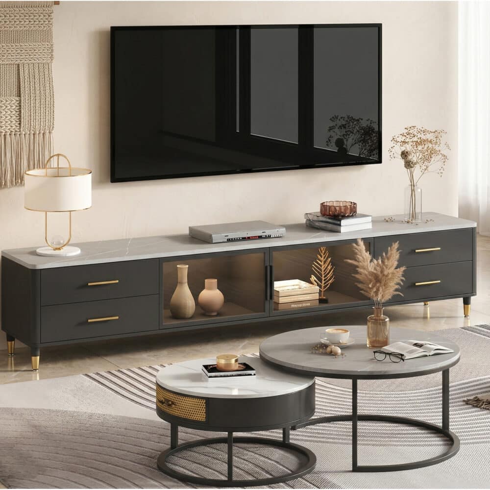 White-Black Stone Cabinet TV Stand with Lighting - scene - 相册图 #2 White-Black Stone Cabinet TV Stand with Lighting 相册图 #2 scene