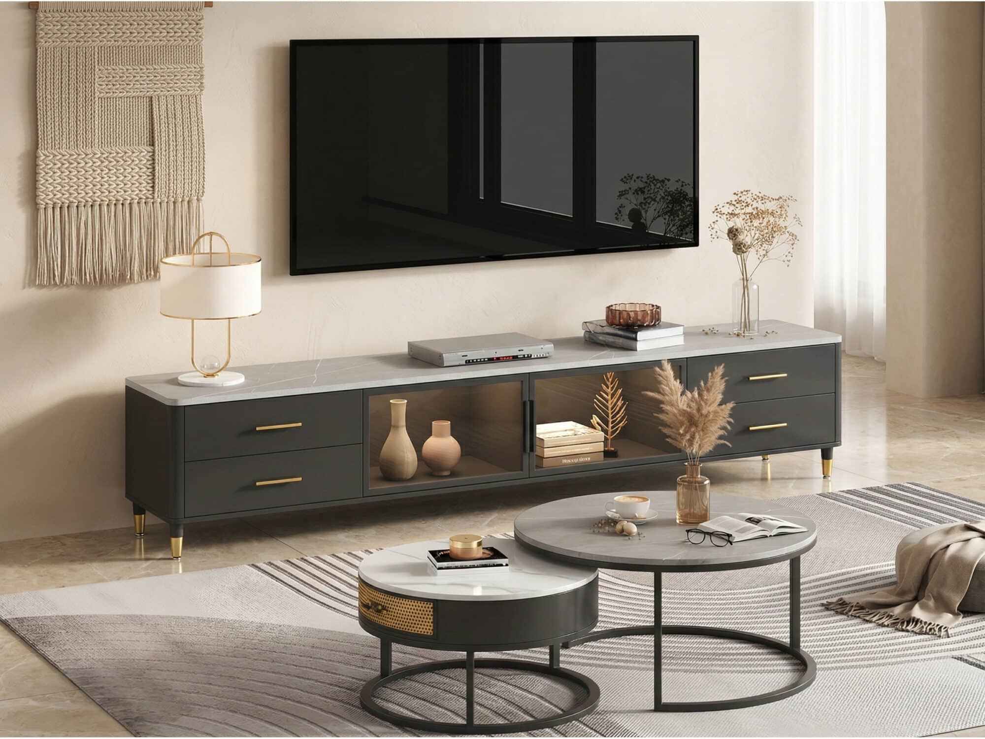 White-Black Stone Cabinet TV Stand with Lighting - scene - 相册图 #2 White-Black Stone Cabinet TV Stand with Lighting 相册图 #2 scene