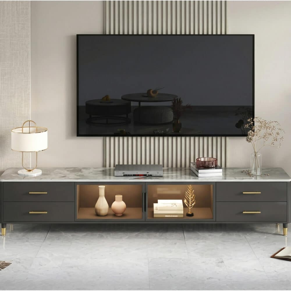 White-Black Stone Cabinet TV Stand with Lighting - scene - 相册图 #3 White-Black Stone Cabinet TV Stand with Lighting 相册图 #3 scene