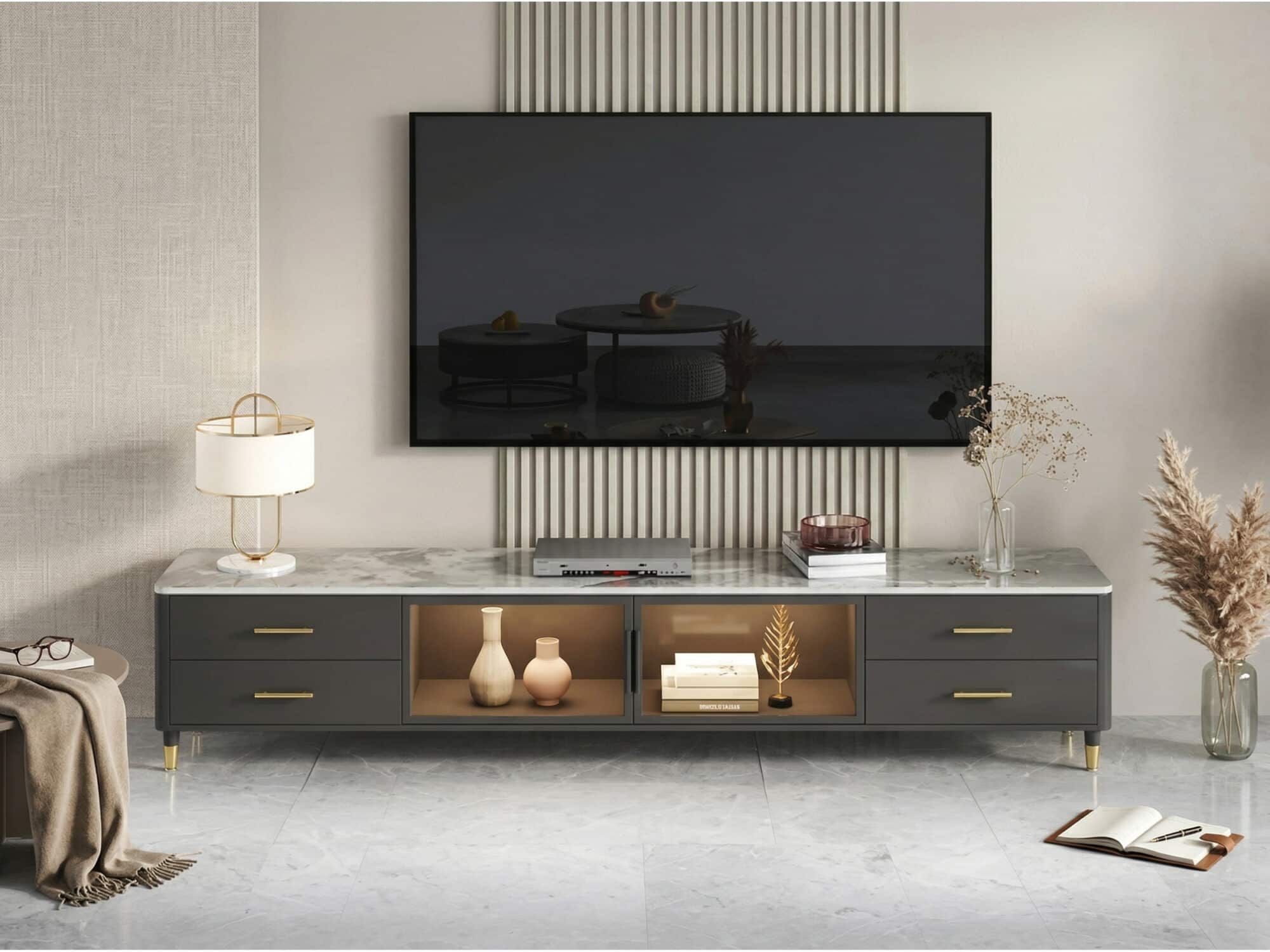 White-Black Stone Cabinet TV Stand with Lighting - scene - 相册图 #3 White-Black Stone Cabinet TV Stand with Lighting 相册图 #3 scene